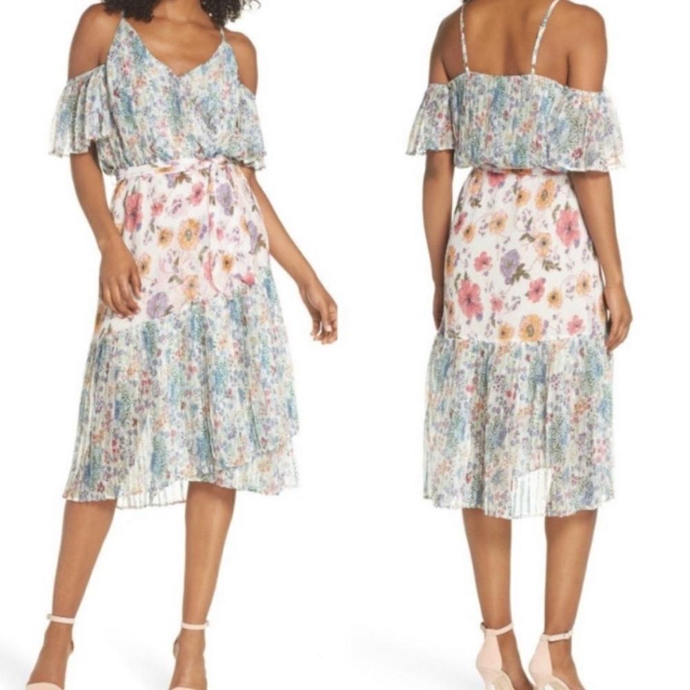 Foxiedox Women's XS Floral Cold Shoulder V-Neck Midi Dress Multicolor